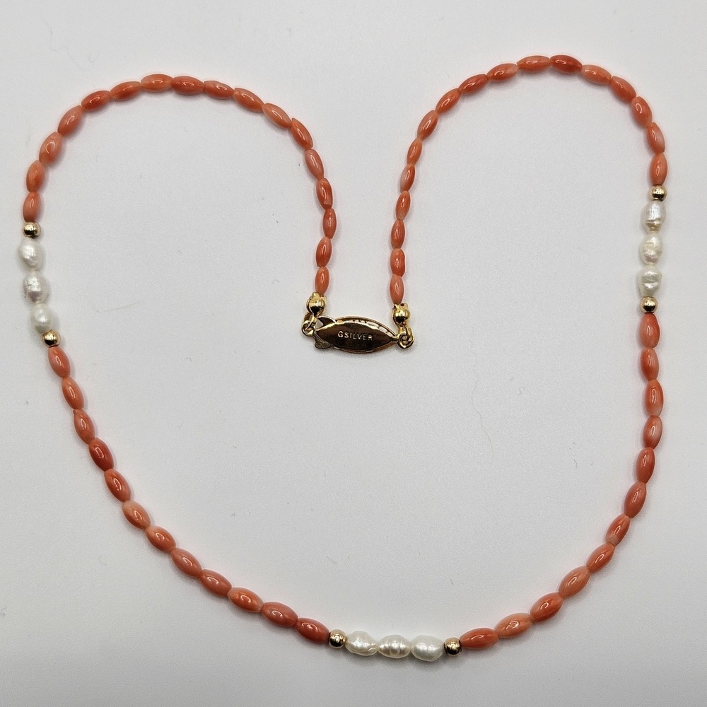 Pink Angel Skin Coral and Pearl Beaded Necklace Filagree Clasp 16"
